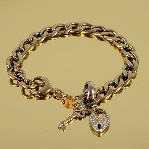 Fossil Jewelry - Fossil Rhinestone Lock Key Charm Gold Stainless Steel Curb Chain Bracelet 7.5 In